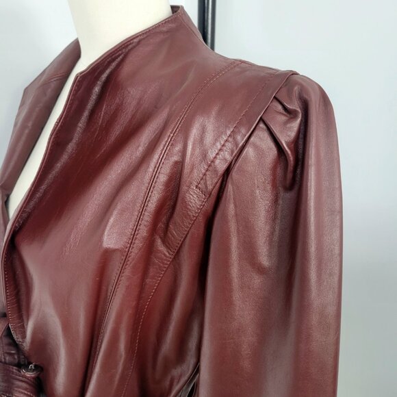 Vintage Leather Loft 100% Leather OxBlood Burgundy Belted Jacket Size 9/10 - Picture 6 of 14